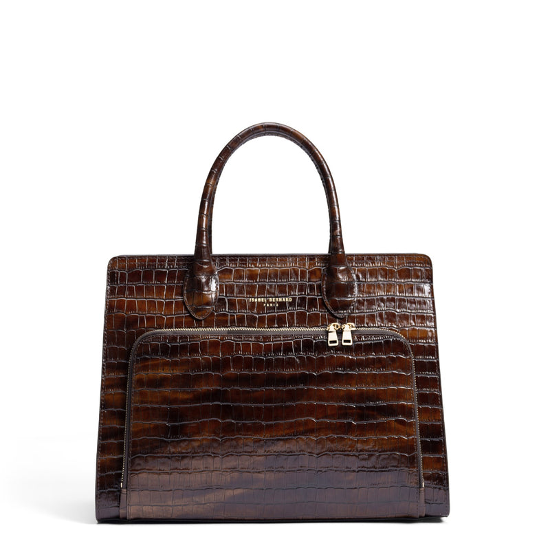 Isabel Bernard Honoré Nadine croco bruine kalfsleren handtas met 13 inch laptopvak IB25110-230-13-zoom-
