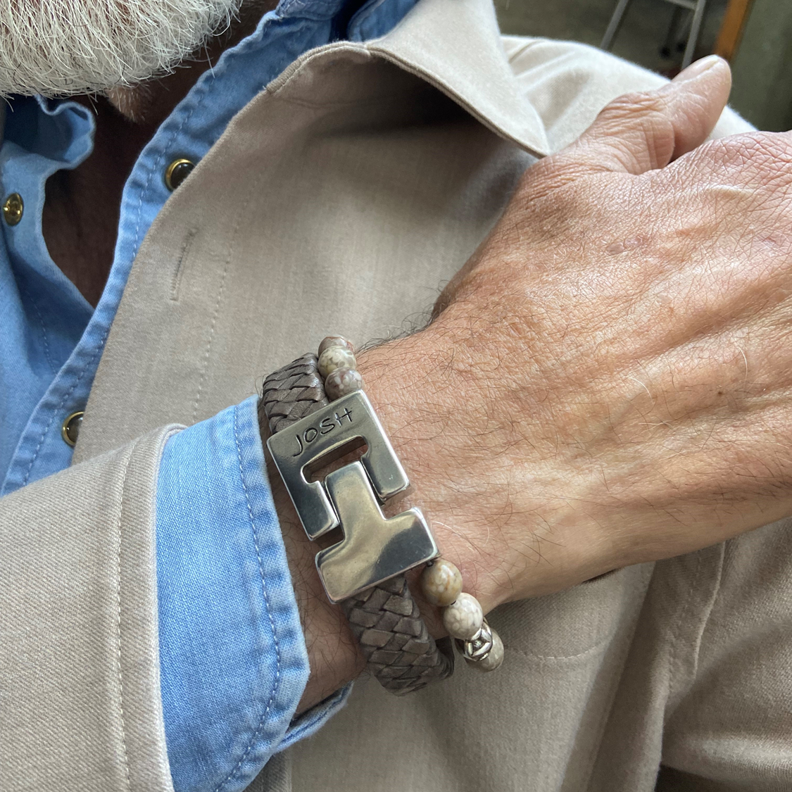 Josh Taupe Natural Stone Bracelet 25035SL/CUST/MED