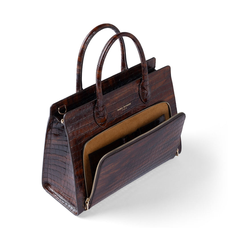 Isabel Bernard Honoré Nadine croco bruine kalfsleren handtas met 13 inch laptopvak IB25110-230-13-zoom-