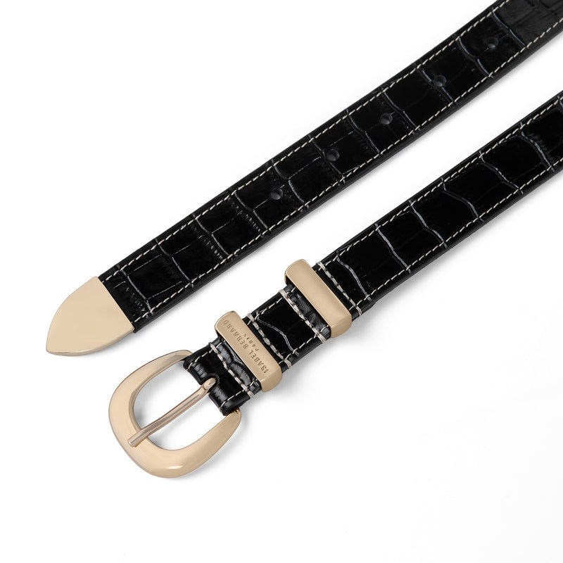 Isabel Bernard Rêveur Mathilde Croco Zwarte kalfsleren riem met goud-kleurige gesp IB60020-201-80-zoom-