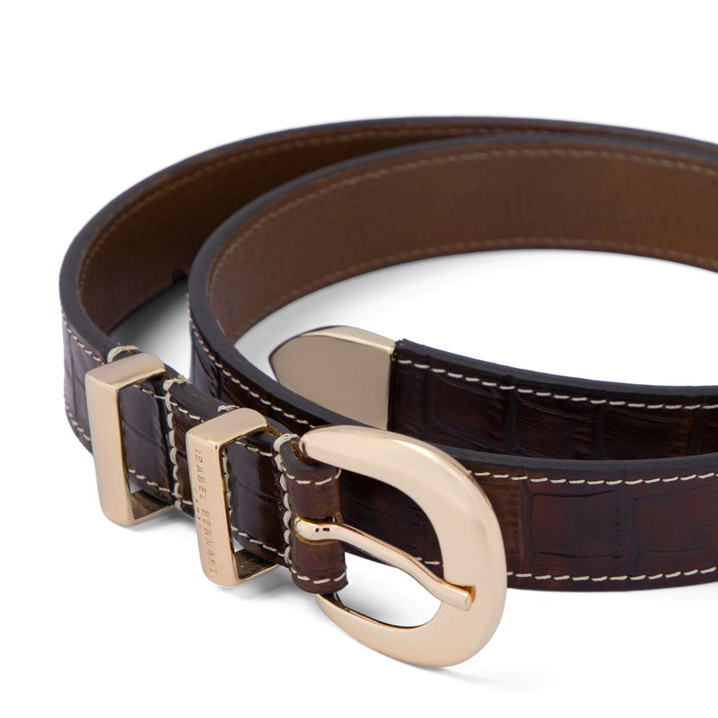 Isabel Bernard Rêveur Mathilde Croco Bruine kalfsleren riem met goud-kleurige gesp IB60020-230-90-zoom-