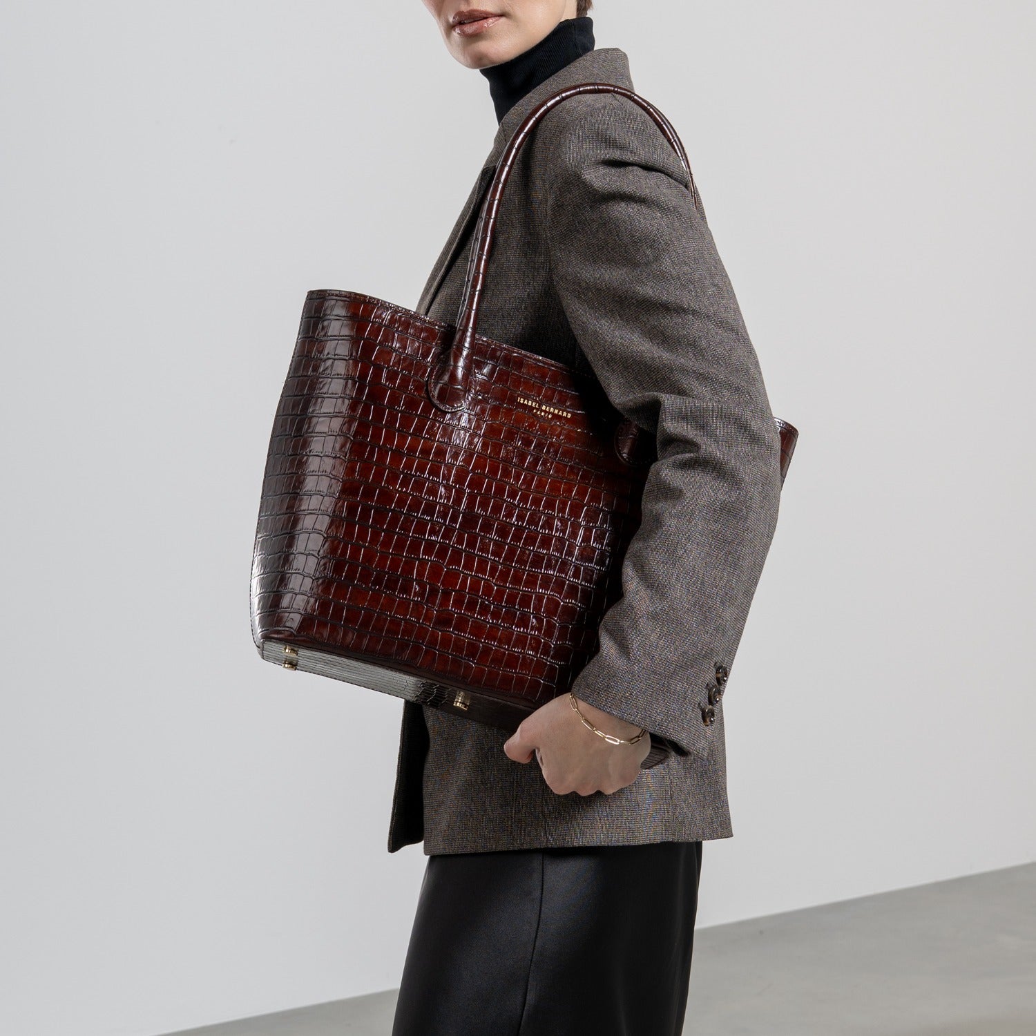 Isabel Bernard Honoré Lysanne Croco Brown Calfskin Shopper IB25025