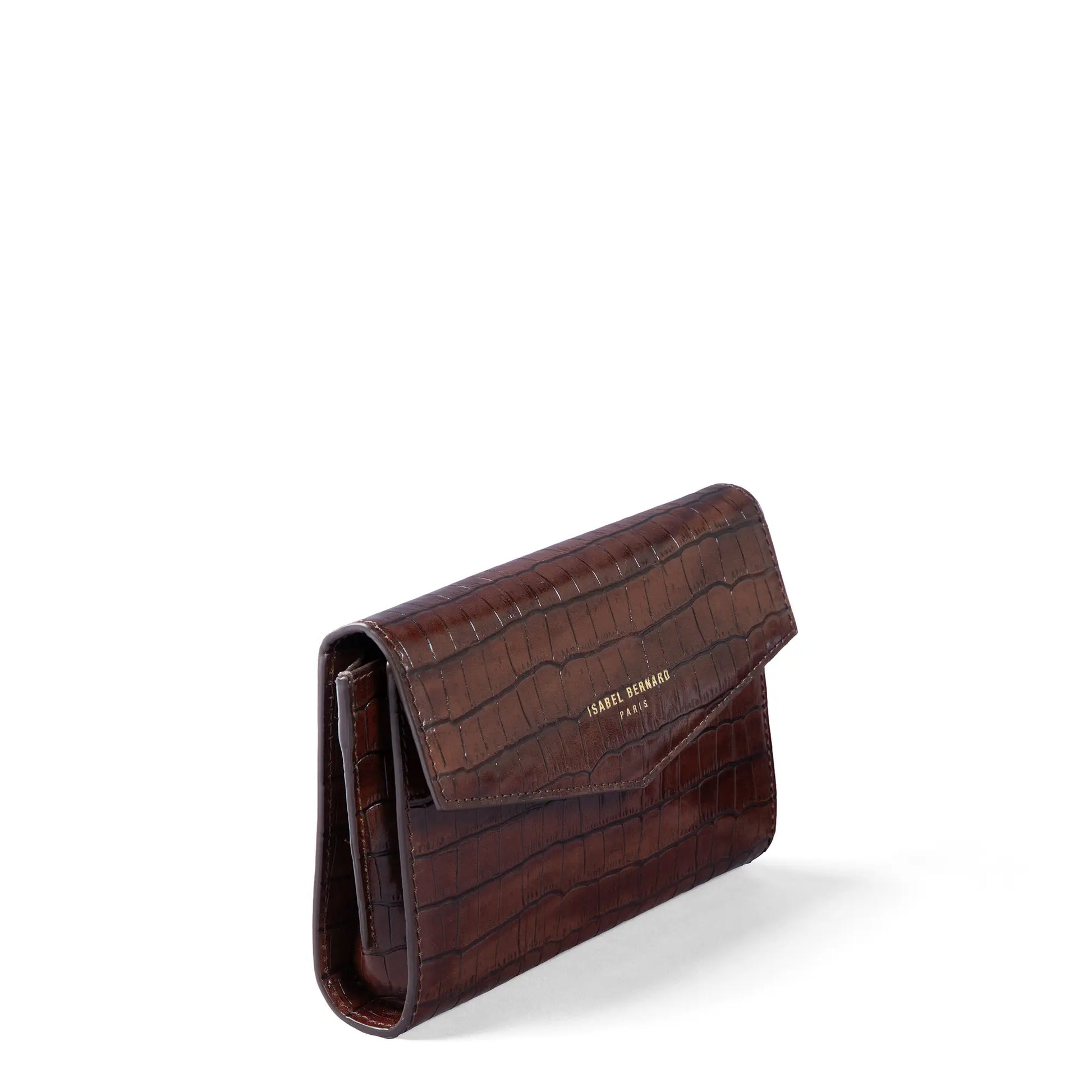 Isabel Bernard Honoré Lina Croco Brown Clutch With Detachable Shoulder Chain IB21135-230