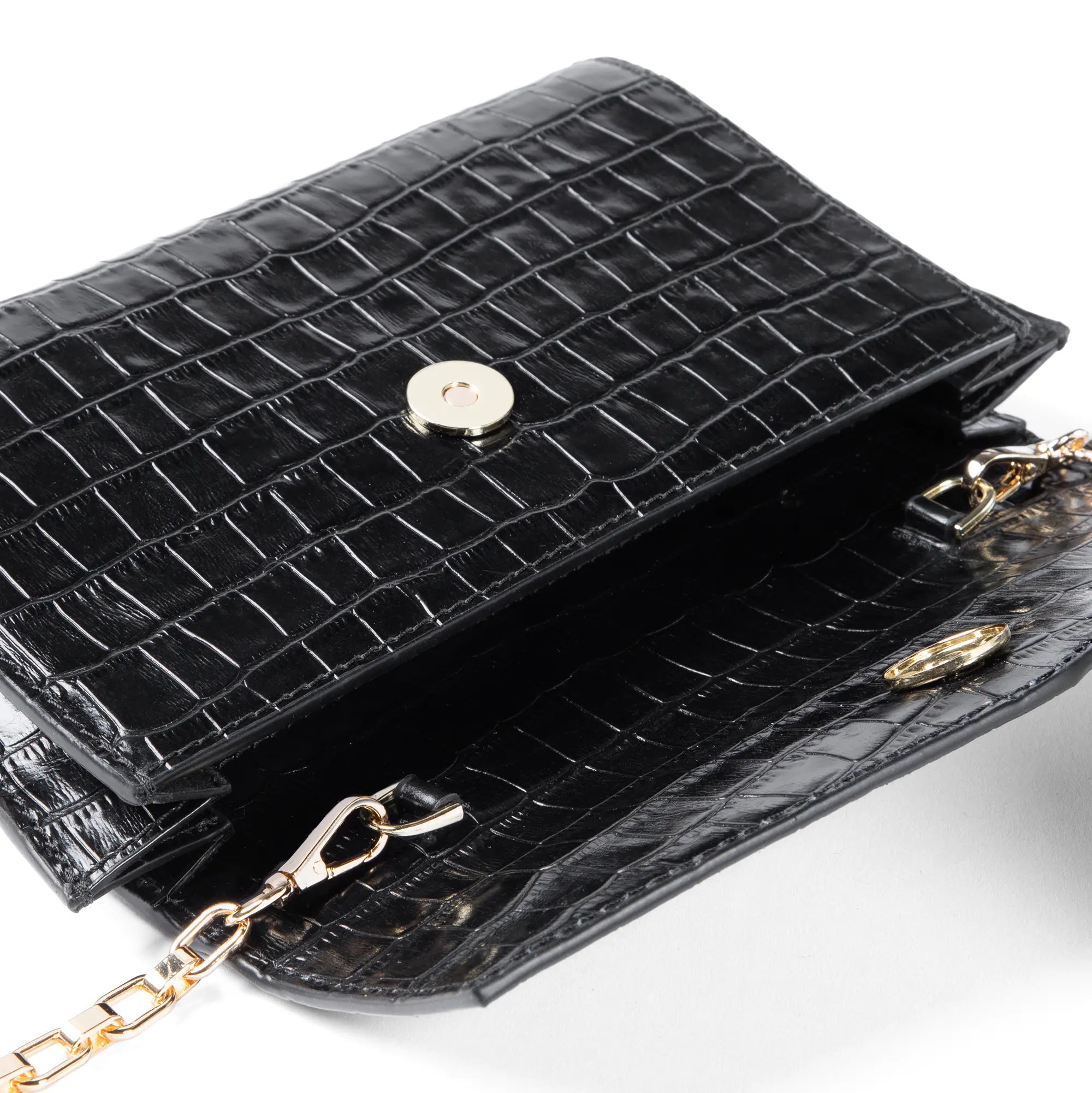 Isabel Bernard Honoré Lina Croco Black Clutch With Detachable Shoulder Chain IB21135-201