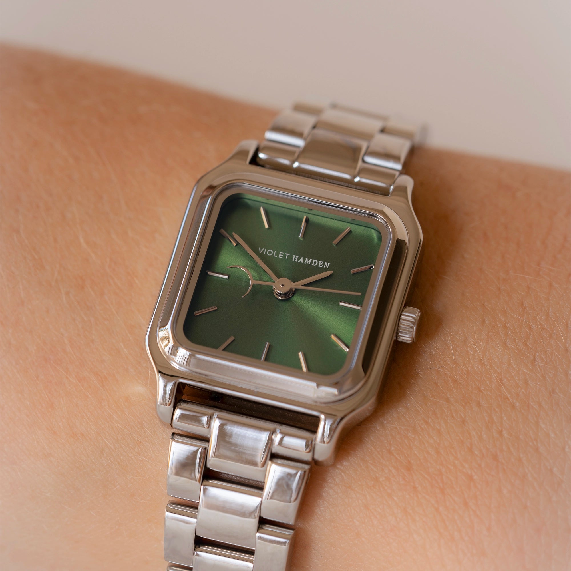 Violet Hamden Dawn Base Square Women's Watch Silver Coloured and Green VH09035