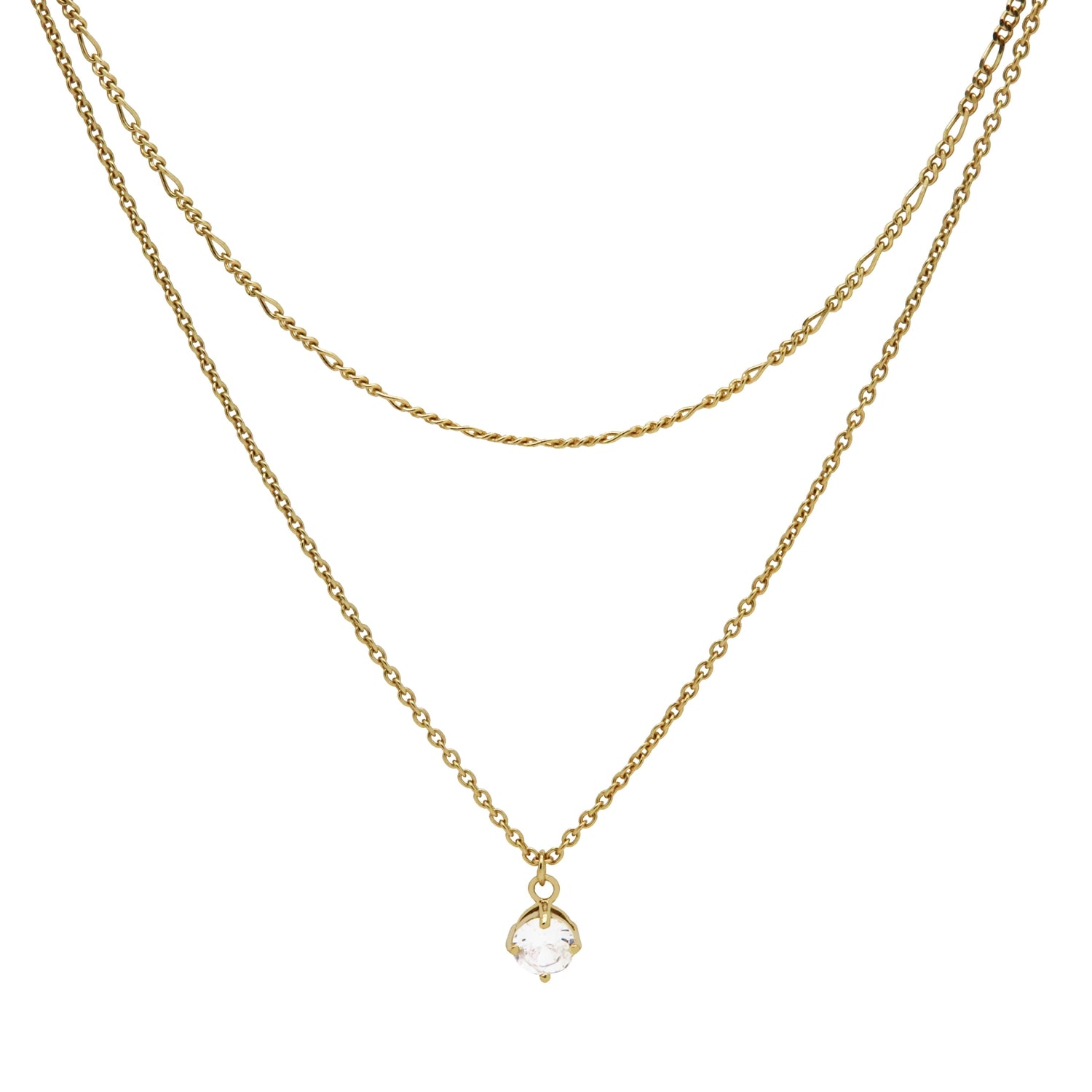 Karma 925 Sterling Silver Figaro Single Zirconia Double Necklace T279GP