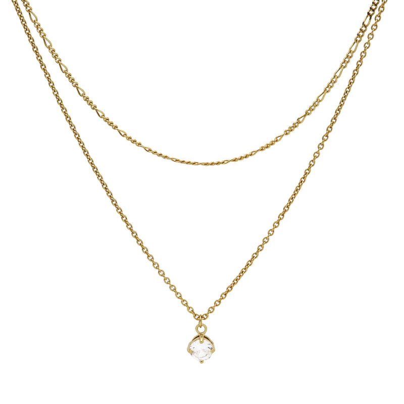 Karma 925 Sterling Silver Figaro Single Zirconia Double Necklace T279GP-zoom-