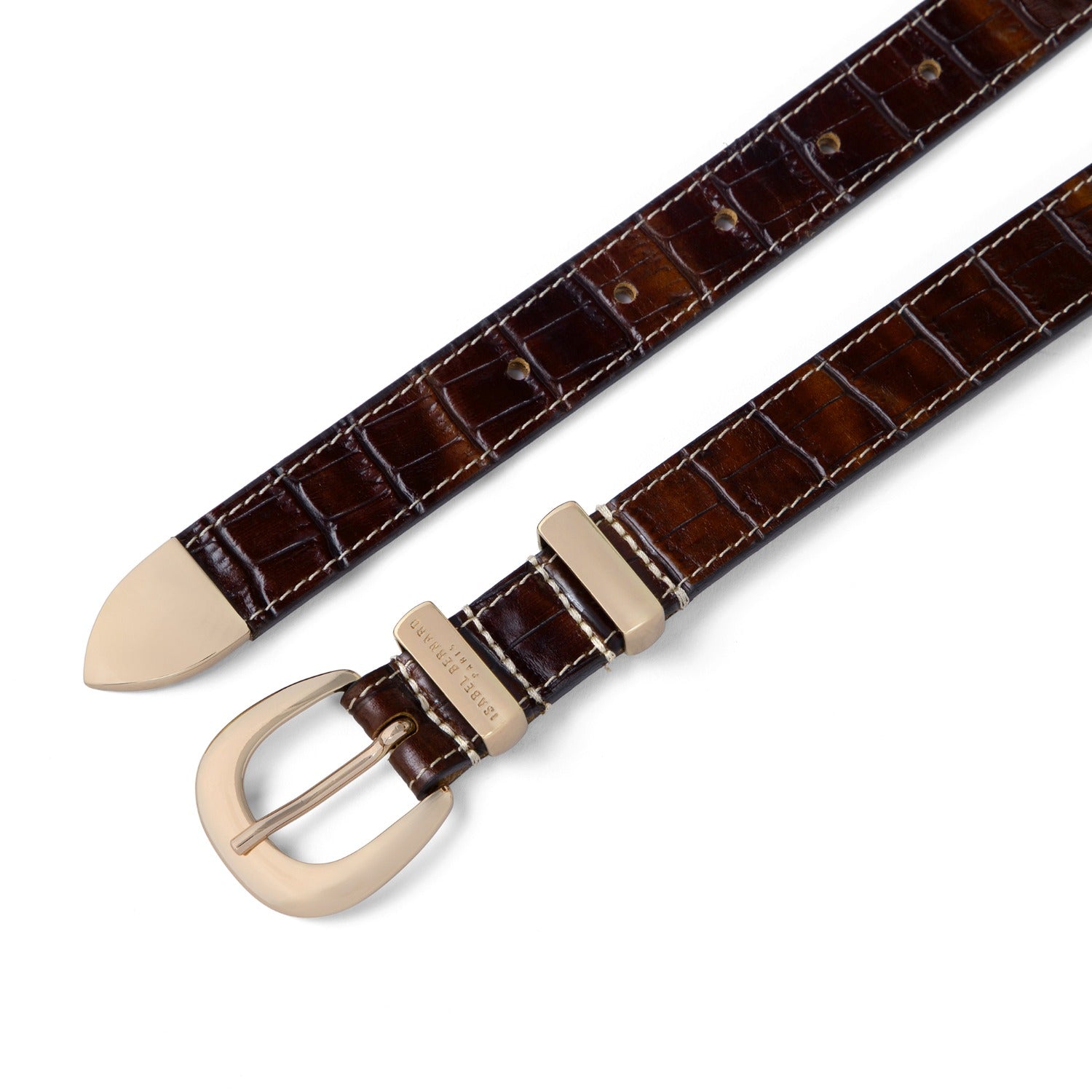 Isabel Bernard Rêveur Mathilde Croco Brown calfskin belt with gold-coloured buckle IB60020-230-90