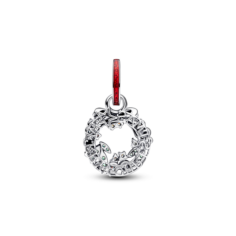 Pandora Moments 925 Sterling Silver Holiday Wreath Double Dangle Charm 794238C01-zoom-