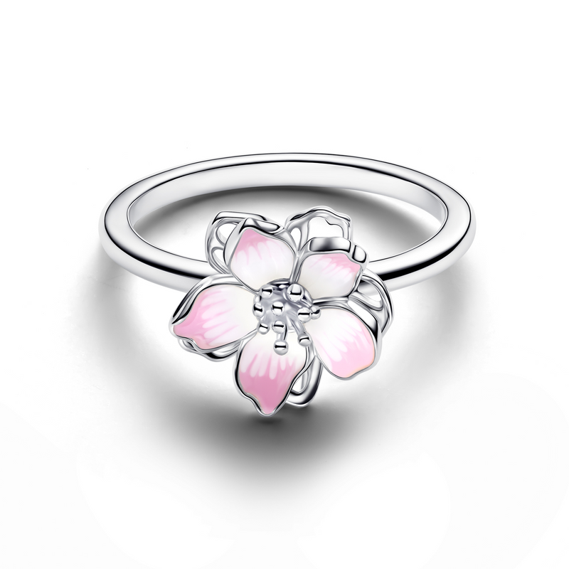 Pandora Moments 925 Sterling Silver Enamel Pink Cherry Blossom Ring 194371C01-58-zoom-