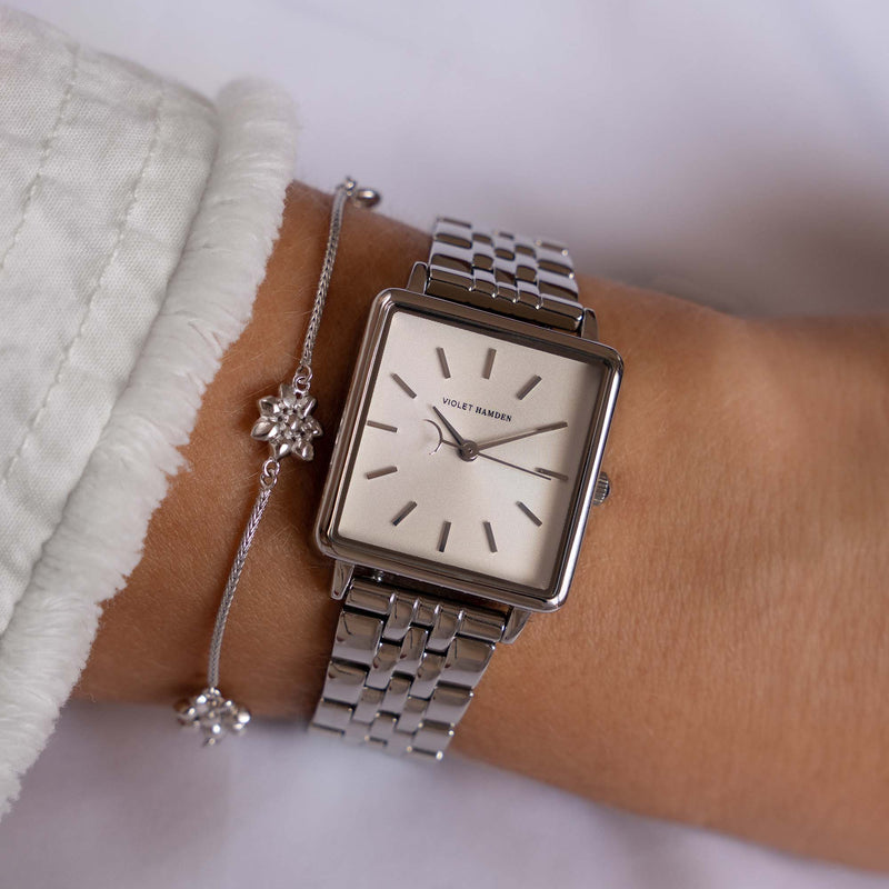 Violet Hamden Dawn Base Vierkante Dameshorloge Zilverkleurig en Wit VH09033-zoom-