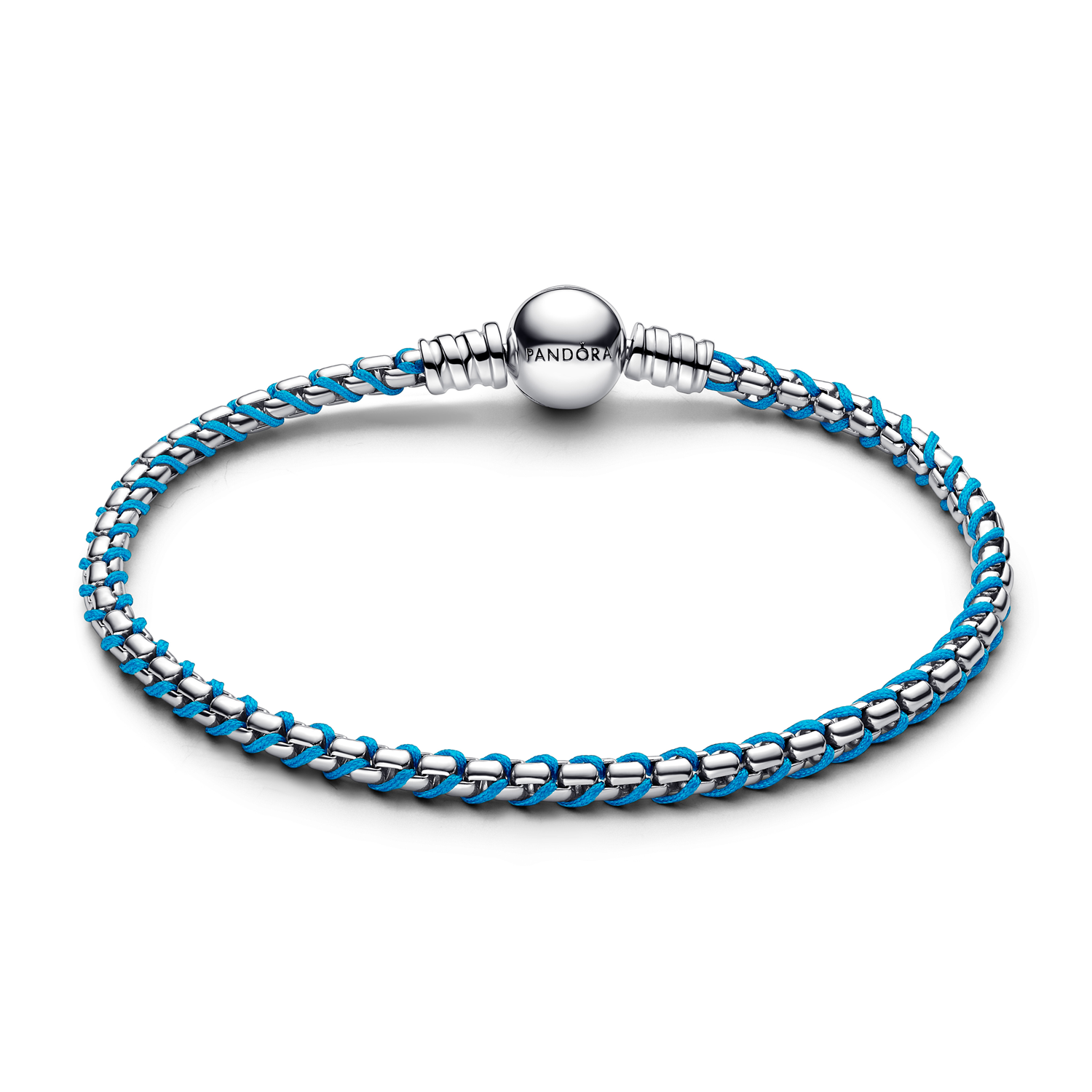 Pandora Moments 925 Sterling Silver Blue Cord Box Chain Bracelet 593816C01-17
