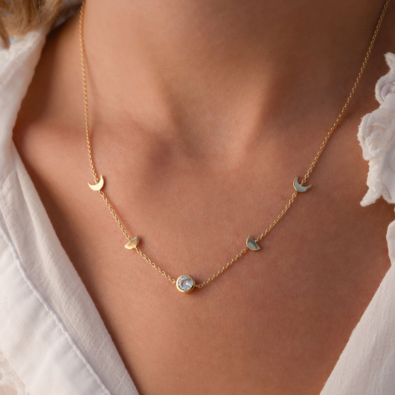 Violet Hamden Luna 925 Sterling Zilveren Gold Plated Ketting met Manen en Witte Zirkonia Steentje VH340044-zoom-