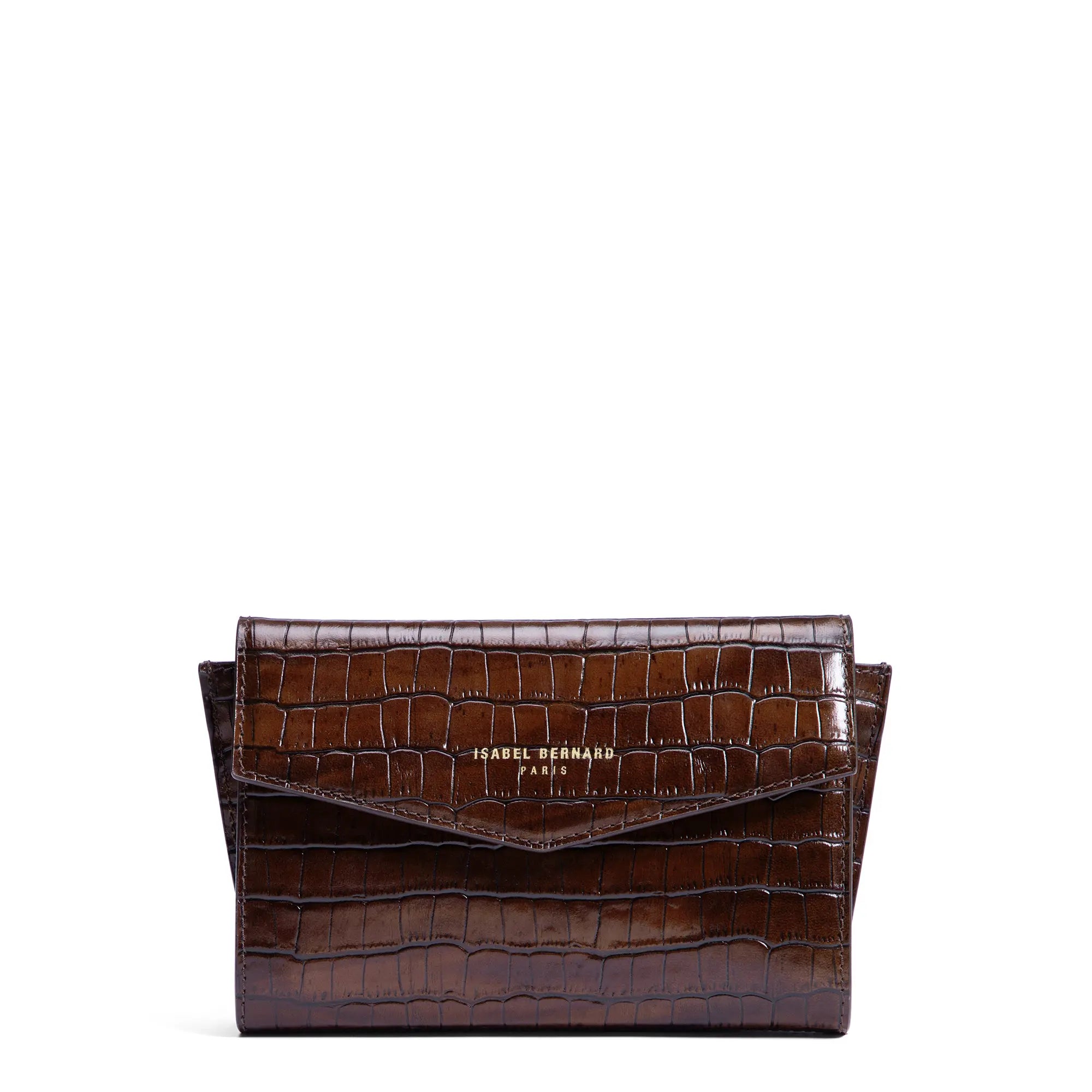 Isabel Bernard Honoré Lina Croco Brown Clutch With Detachable Shoulder Chain IB21135-230