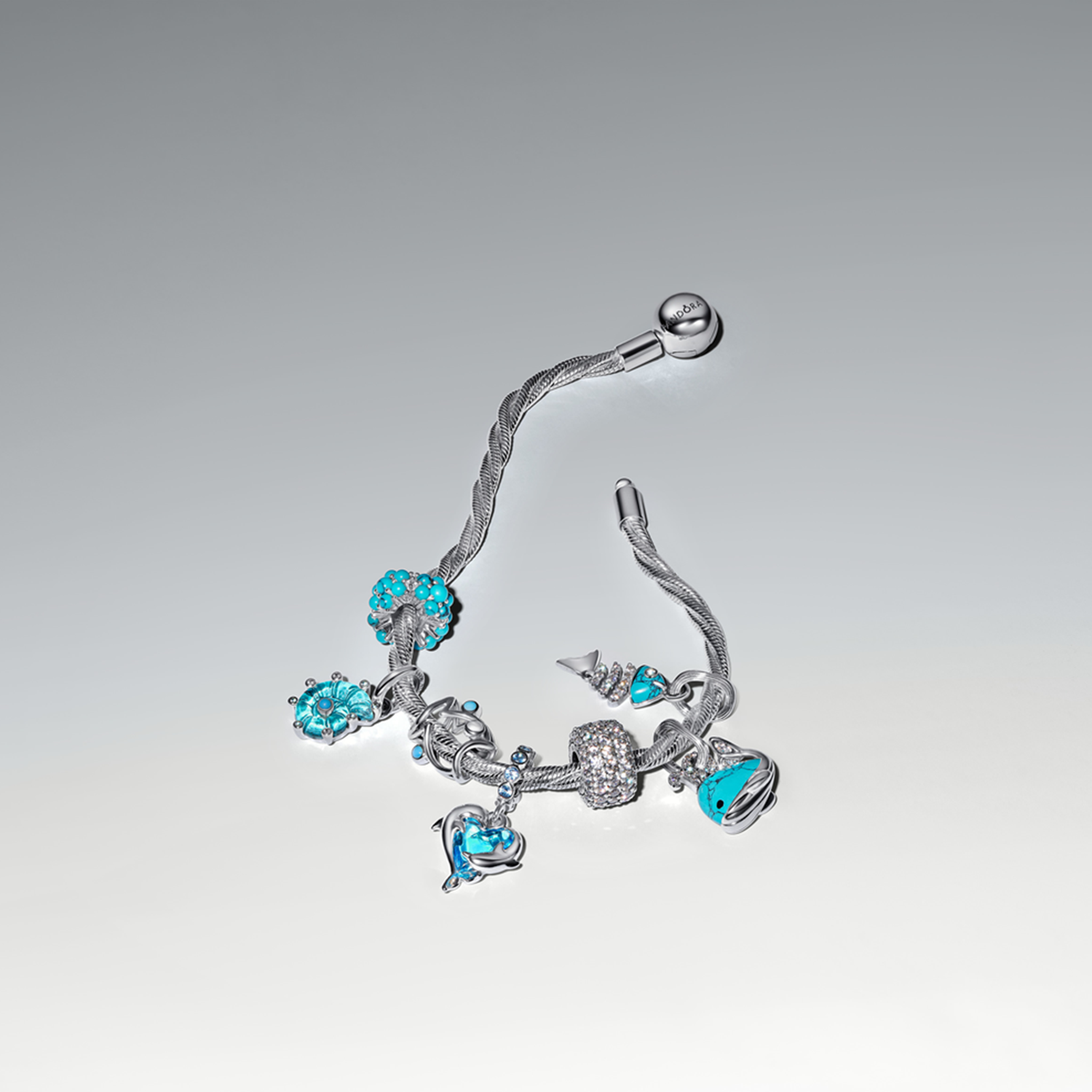 Pandora Moments 925 Sterling Silver Blue Murano Glass Dolphins Dangle Charm 793924C01